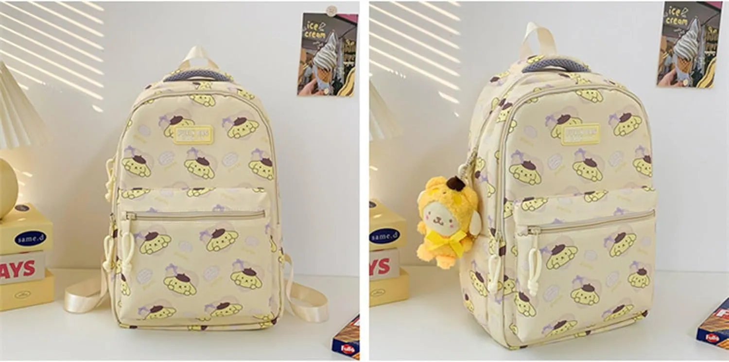 Roffatide Cartoon Pompom Purin All Over Print Casual Backpack Laptop Backpack Travel Hiking Rucksack Daypack Yellow