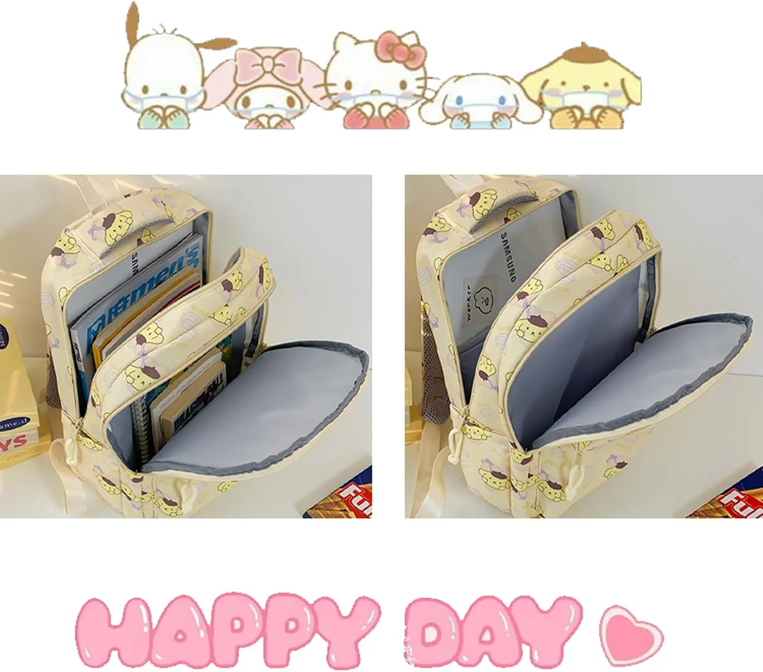 Roffatide Cartoon Pompom Purin All Over Print Casual Backpack Laptop Backpack Travel Hiking Rucksack Daypack Yellow