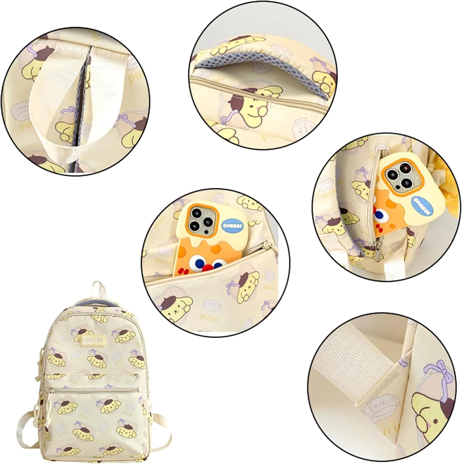 Roffatide Cartoon Pompom Purin All Over Print Casual Backpack Laptop Backpack Travel Hiking Rucksack Daypack Yellow