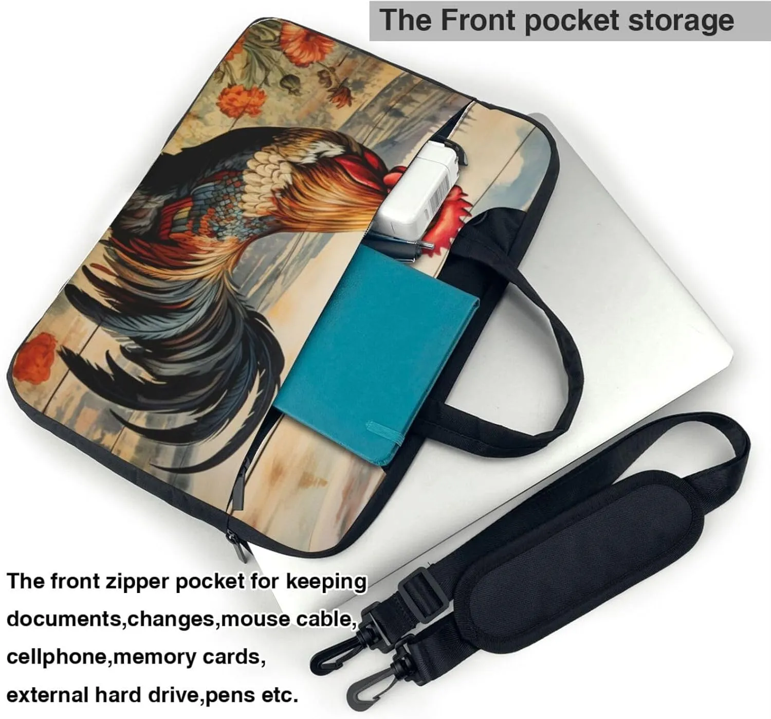 Rooster on Wood in Farmland Print Practical Laptop Case Laptop Bag - Stylish Messenger Bag & Laptop Shoulder Bag