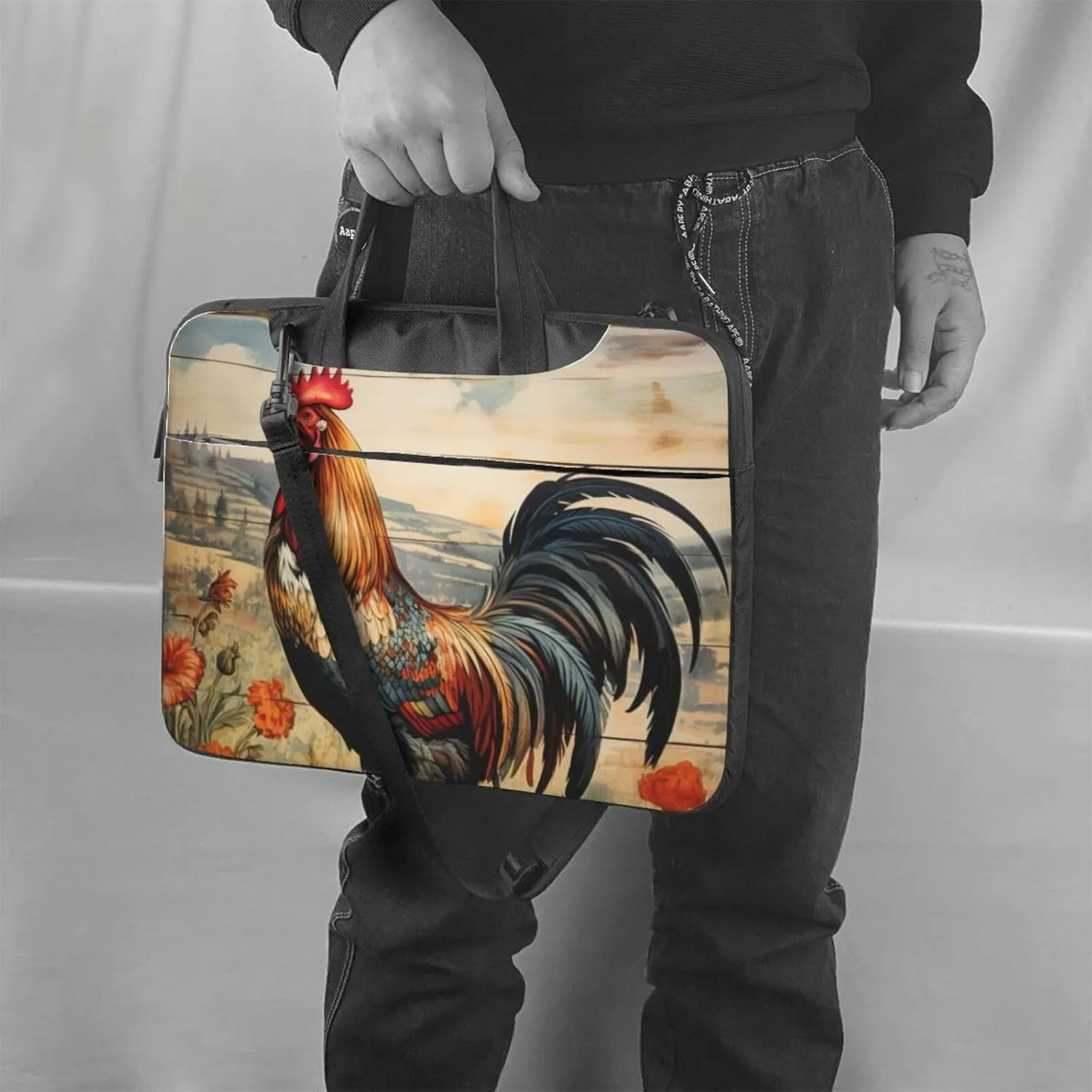 Rooster on Wood in Farmland Print Practical Laptop Case Laptop Bag - Stylish Messenger Bag & Laptop Shoulder Bag