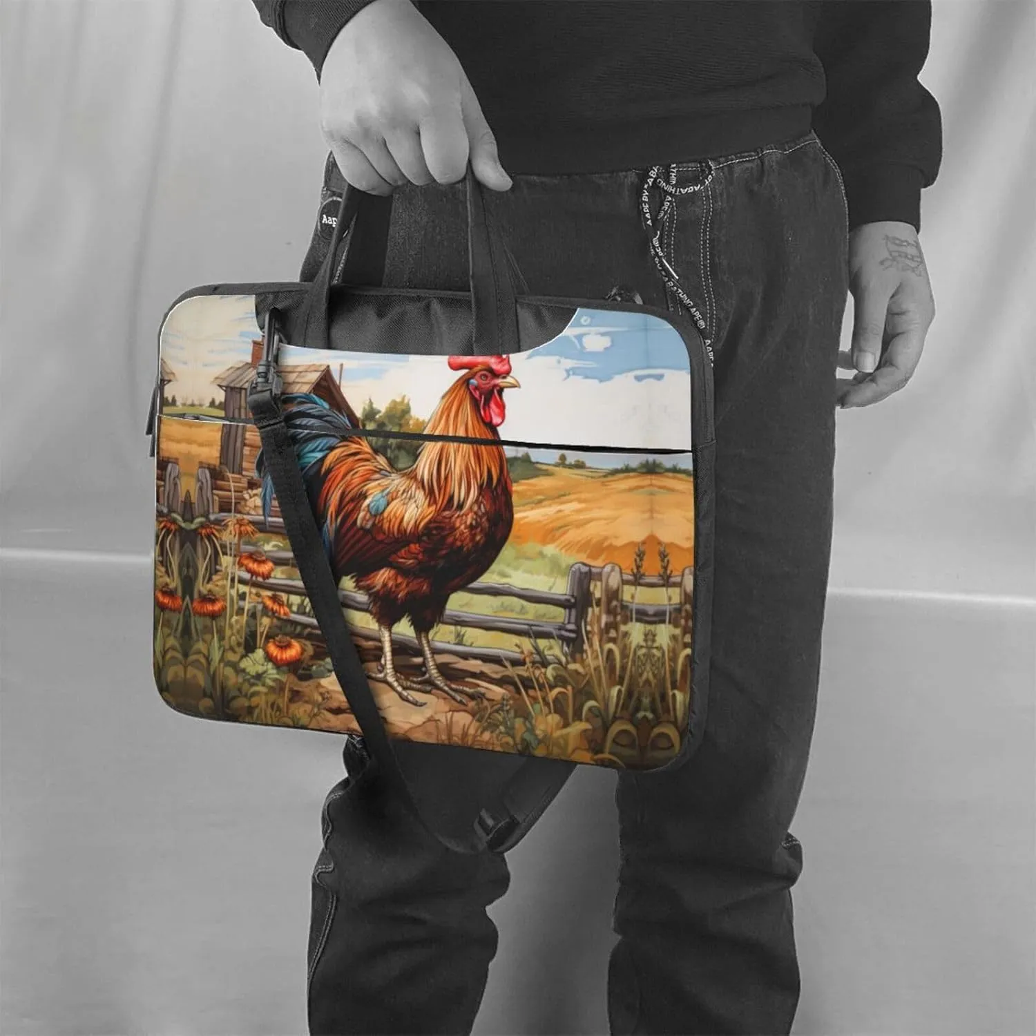 Rooster on Wood in Farmland Print Protective Laptop Bag Versatile Bags Computer Case Soft Women Men Unique