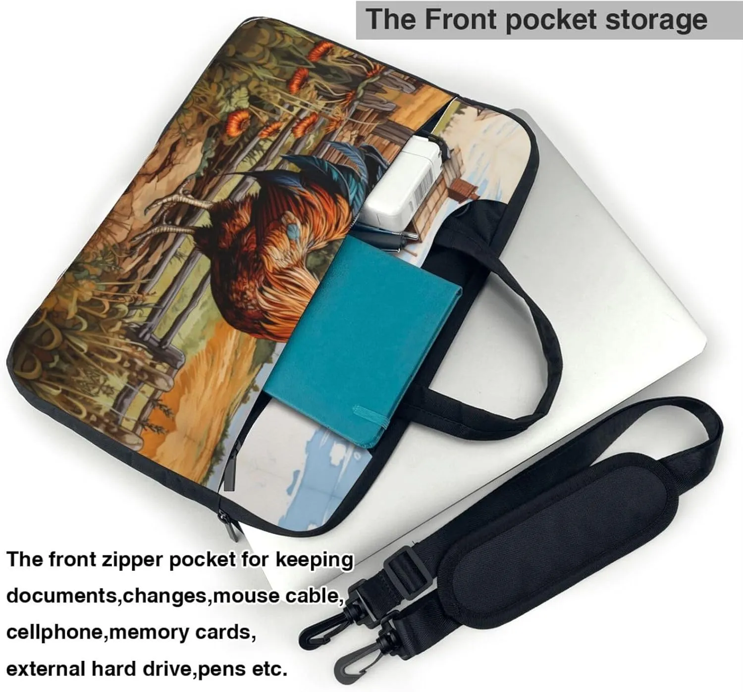 Rooster on Wood in Farmland Print Protective Laptop Bag Versatile Bags Computer Case Soft Women Men Unique