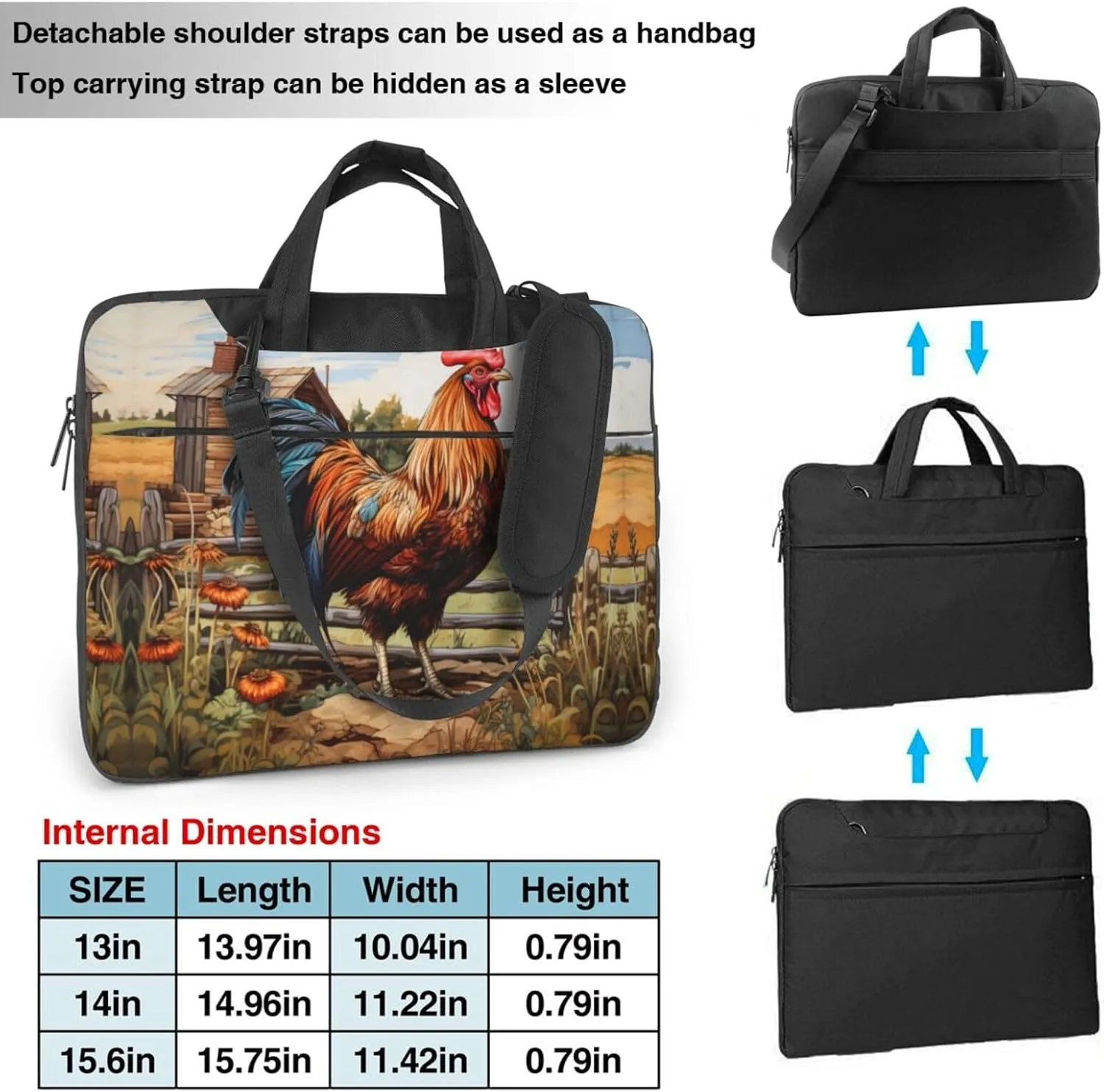 Rooster on Wood in Farmland Print Protective Laptop Bag Versatile Bags Computer Case Soft Women Men Unique