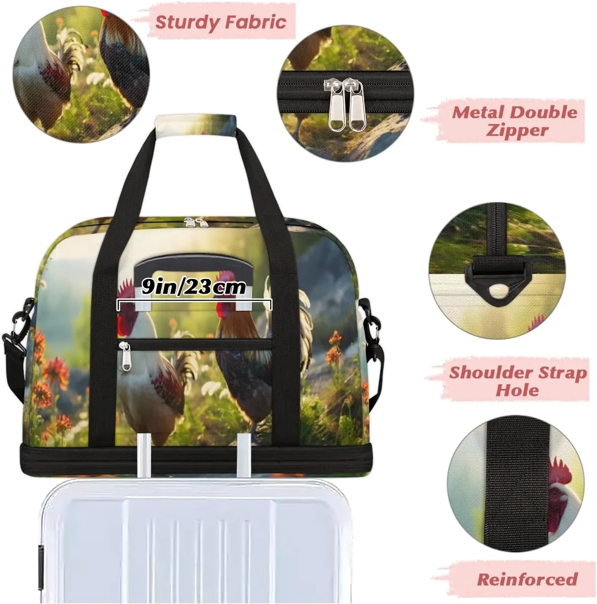 Rooster Printed Foldable Travel Duffel Bag Overnight Weekender Bag with Shoes Compartment Sports Gym Bag for Men Women