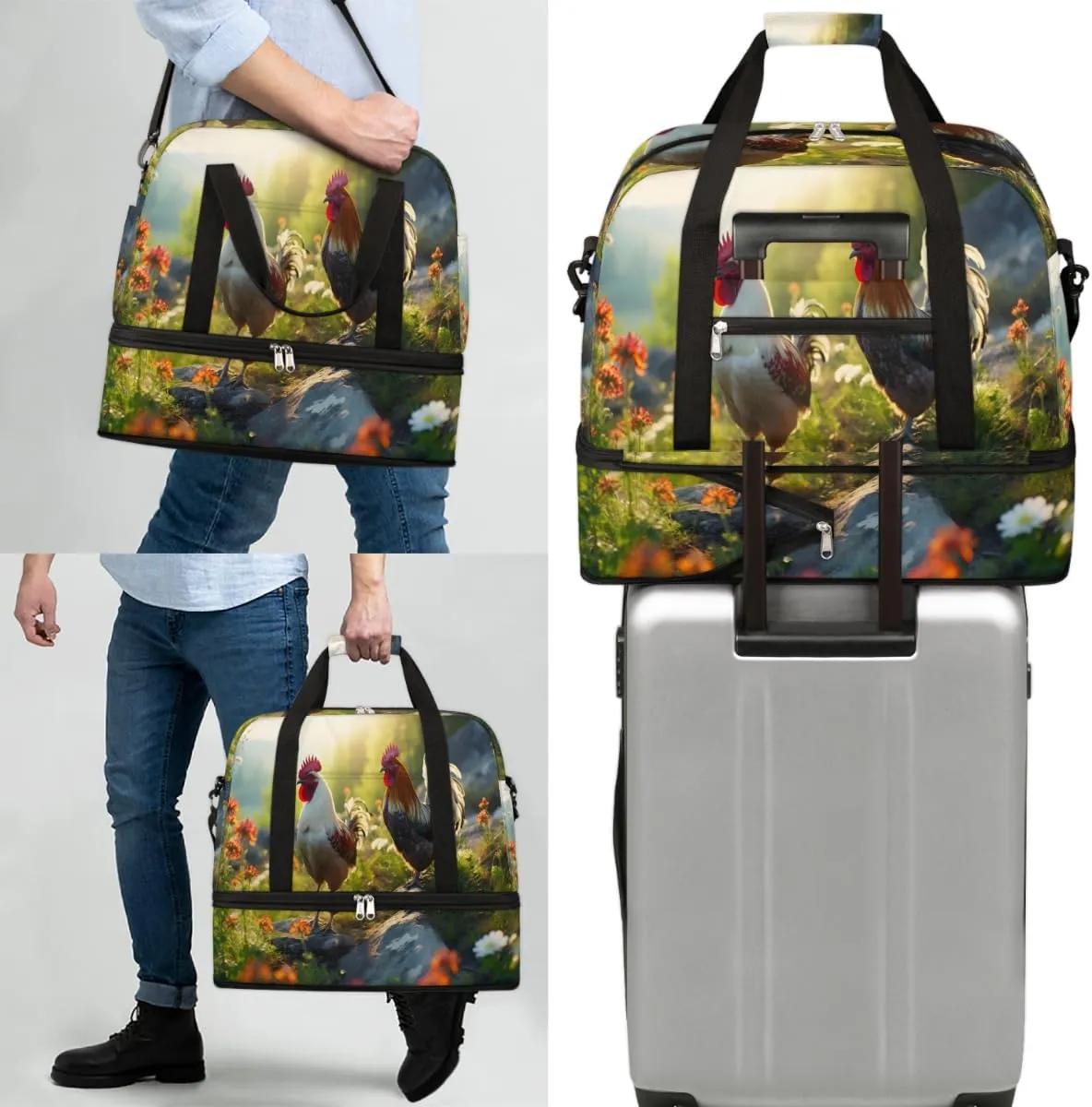 Rooster Printed Foldable Travel Duffel Bag Overnight Weekender Bag with Shoes Compartment Sports Gym Bag for Men Women