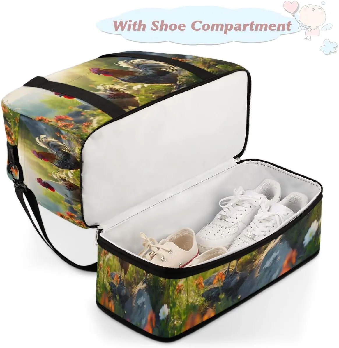 Rooster Printed Foldable Travel Duffel Bag Overnight Weekender Bag with Shoes Compartment Sports Gym Bag for Men Women