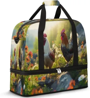 Rooster Printed Foldable Travel Duffel Bag Overnight Weekender Bag with Shoes Compartment Sports Gym Bag for Men Women