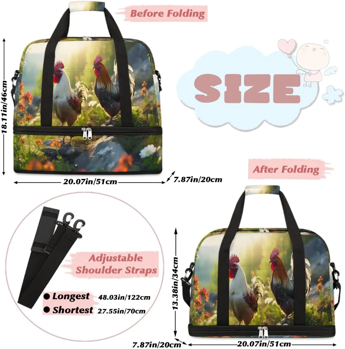 Rooster Printed Foldable Travel Duffel Bag Overnight Weekender Bag with Shoes Compartment Sports Gym Bag for Men Women