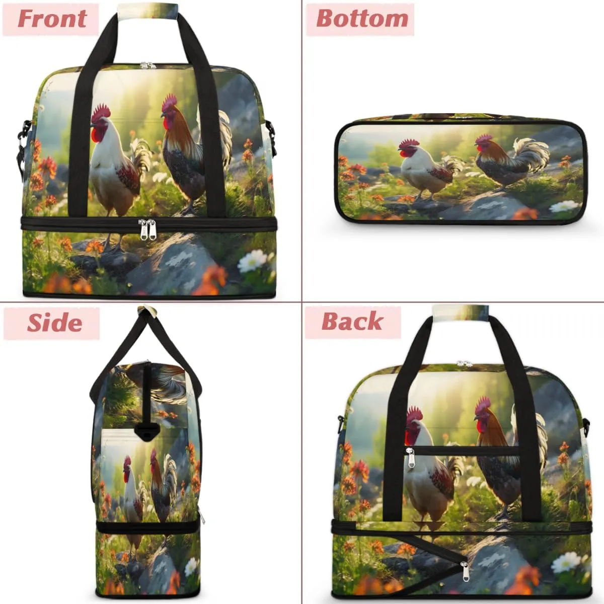 Rooster Printed Foldable Travel Duffel Bag Overnight Weekender Bag with Shoes Compartment Sports Gym Bag for Men Women
