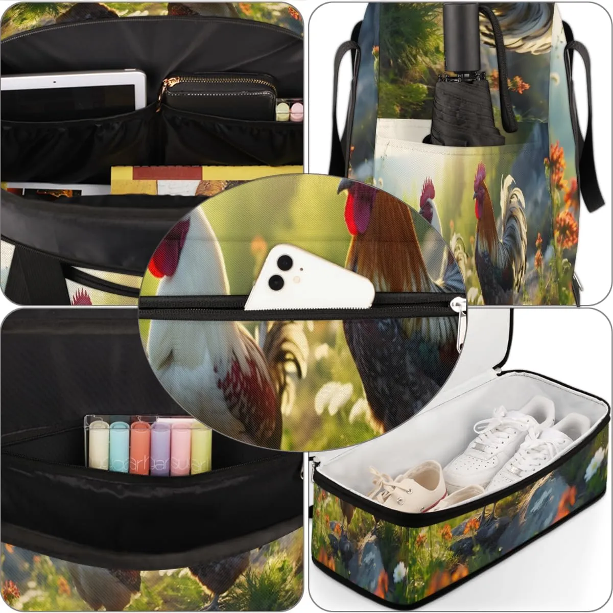 Rooster Printed Foldable Travel Duffel Bag Overnight Weekender Bag with Shoes Compartment Sports Gym Bag for Men Women
