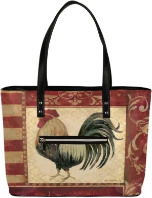 Rooster Red Frame Tote Bag Women Shoulder Handbags PU Leather Everyday Bag with External Pocket Large Capacity Aesthetic Corduroy Tote Bag for Travel Work Party