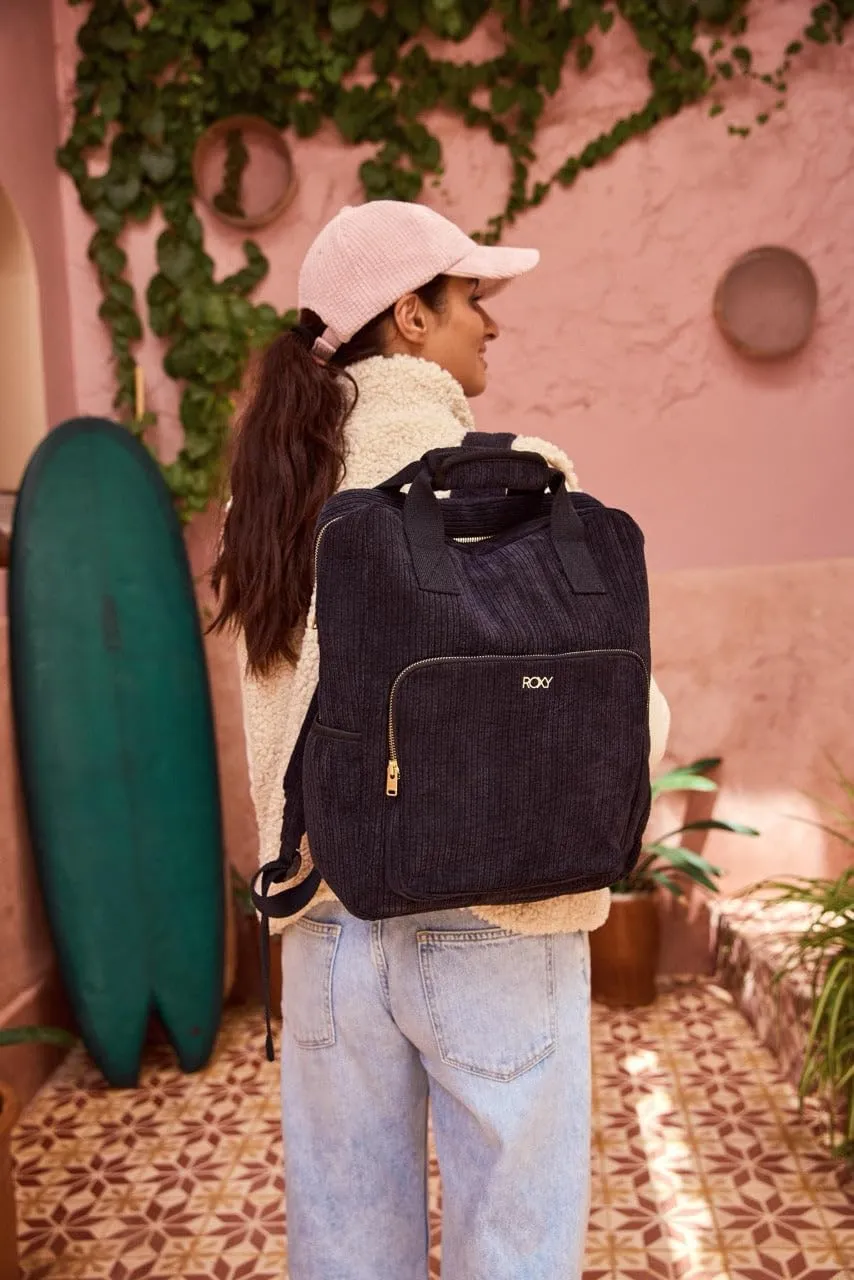 Roxy Women's Feeling Good Stylish Soft Corduroy Backpack Shoulder Straps and Exterior Storage, Anthracite w/Padded Handle, 13L