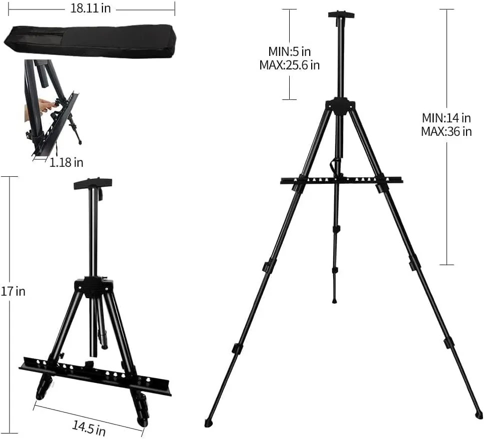 RRFTOK Art Painting Artist Easel Stand, Metal Material Tripod Adjustable Easels for Paint Canvases Height from 17 to 66 Inch - Carry Bag for Table-Top/Floor Drawing and Displaying,Black 2-Pack.