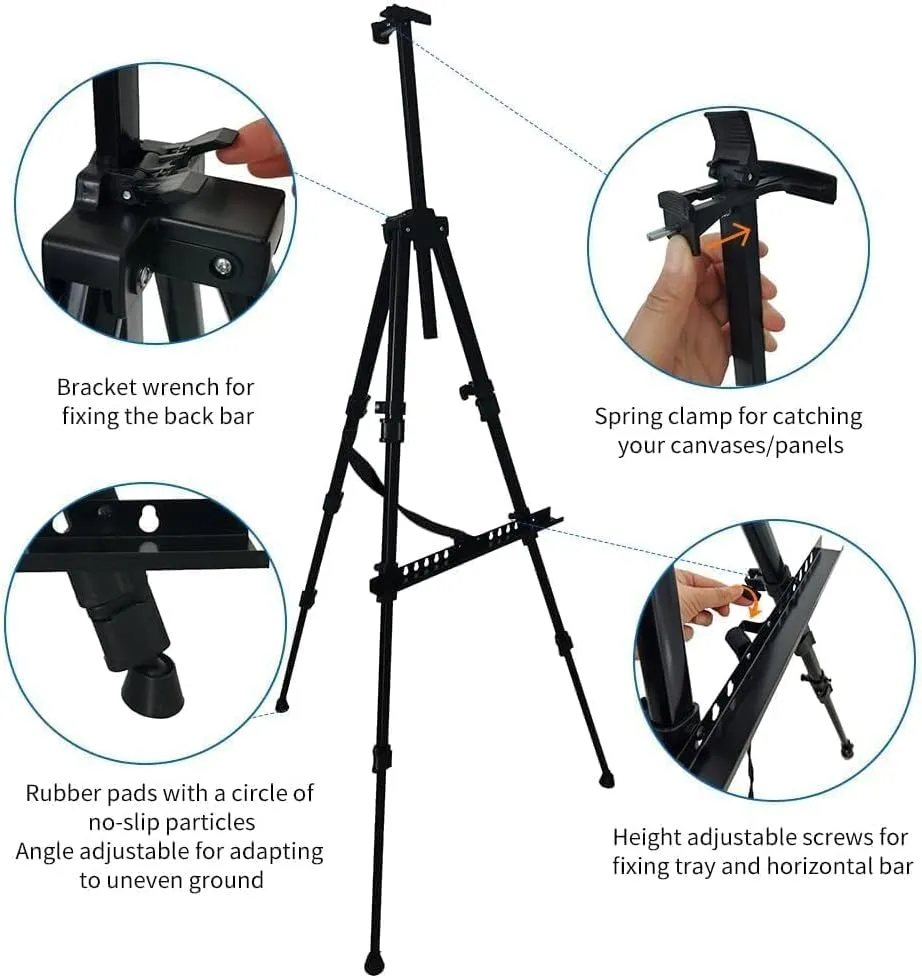 RRFTOK Art Painting Artist Easel Stand, Metal Material Tripod Adjustable Easels for Paint Canvases Height from 17 to 66 Inch - Carry Bag for Table-Top/Floor Drawing and Displaying,Black 2-Pack.