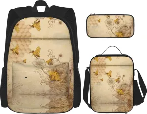Rural Honey Bees Flowers Print Aesthetic Travel Backpack For Women 3-Piece Set,For Daily Use And Outdoor Activities