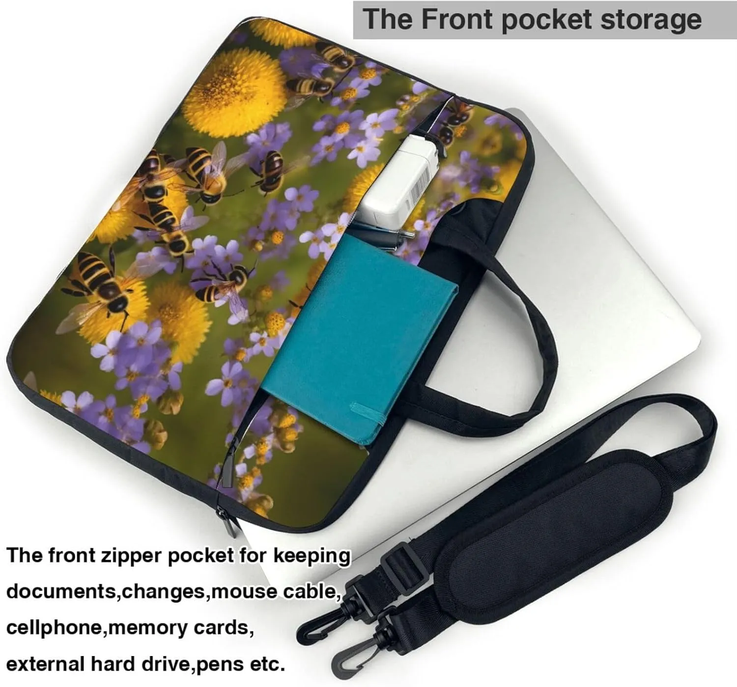 Rural Honey Bees Wildflowers Print Laptop Bag Messenger Bag Case Men Women Water-Resistant with Handle Shoulder Strap