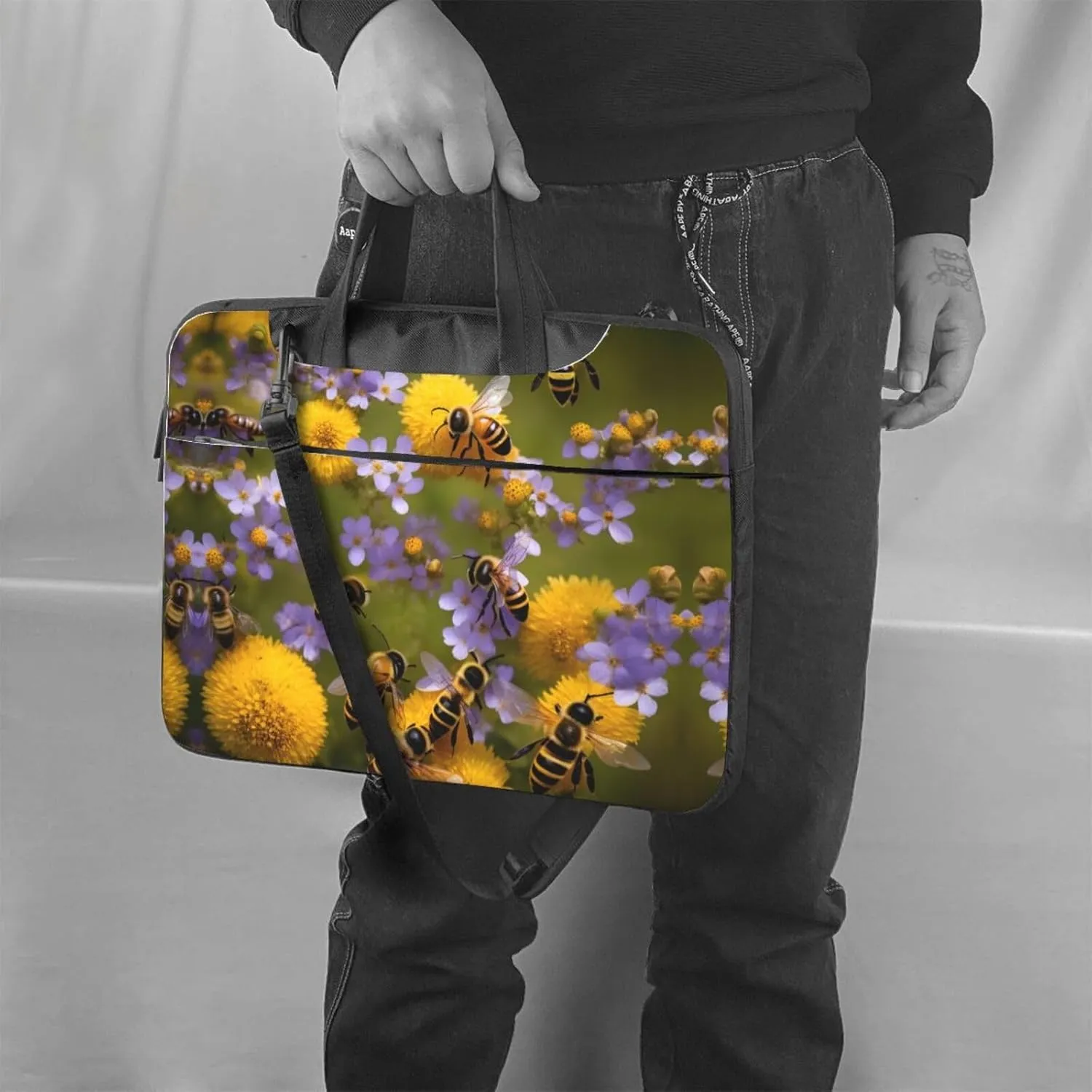 Rural Honey Bees Wildflowers Print Laptop Bag Messenger Bag Case Men Women Water-Resistant with Handle Shoulder Strap