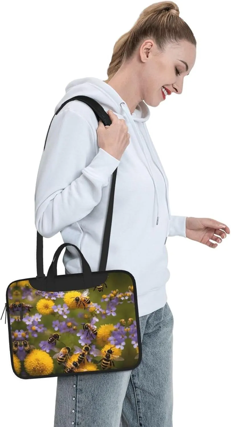 Rural Honey Bees Wildflowers Print Laptop Bag Messenger Bag Case Men Women Water-Resistant with Handle Shoulder Strap