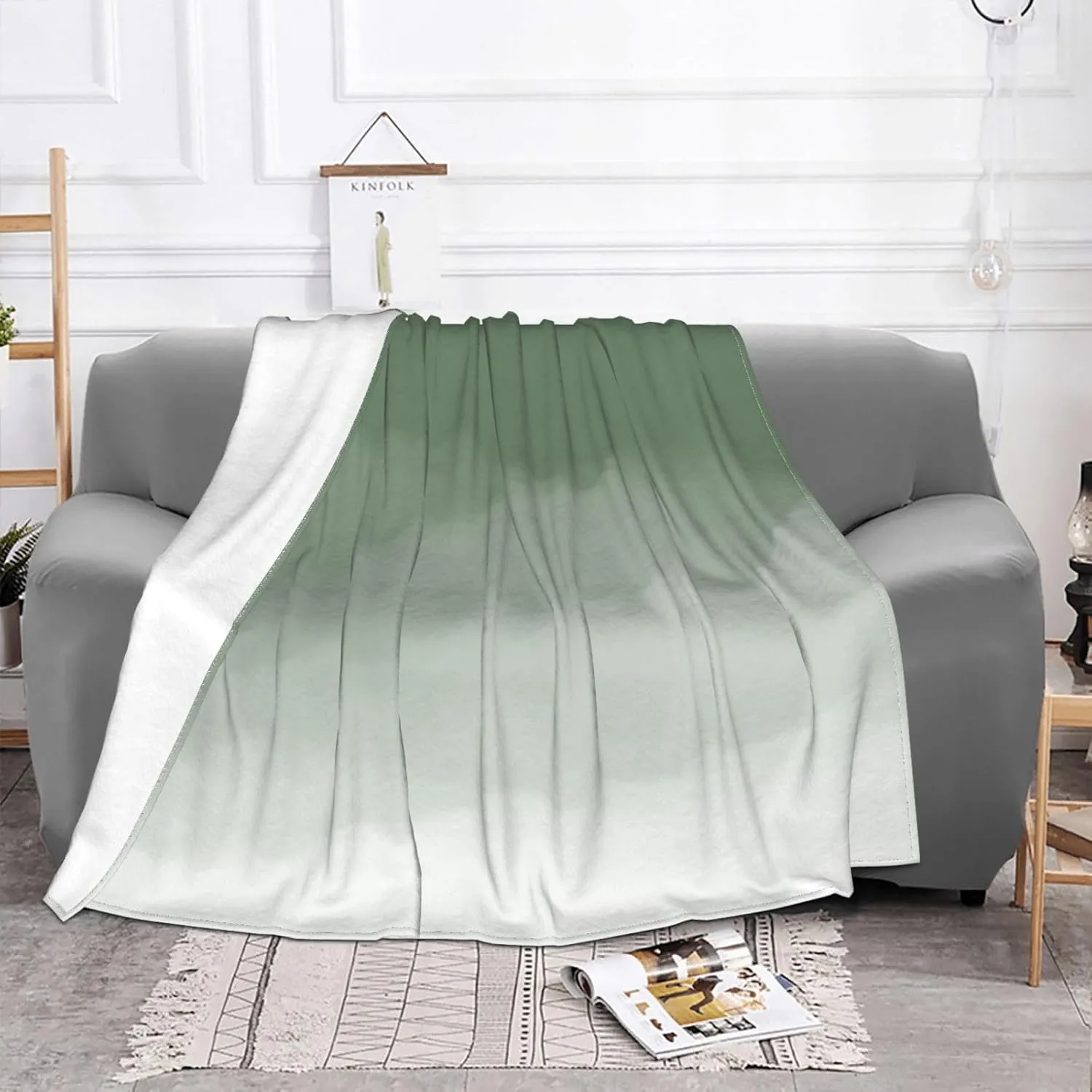 Sage Green Watercolor Ombre 50"X40" Flannel Blanket - 100% Soft Polyester, Lightweight and Warm, Suitable for Families, Camping, Travel