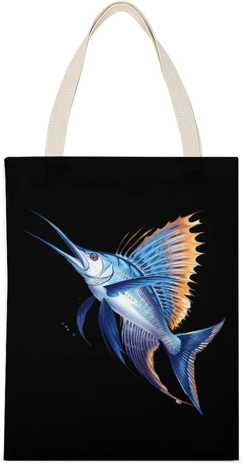 Sailfish Printed Canvas Tote Bags Shoulder Bag Reusable Grocery Shopping Handbag DIY Gifts 14"x18"