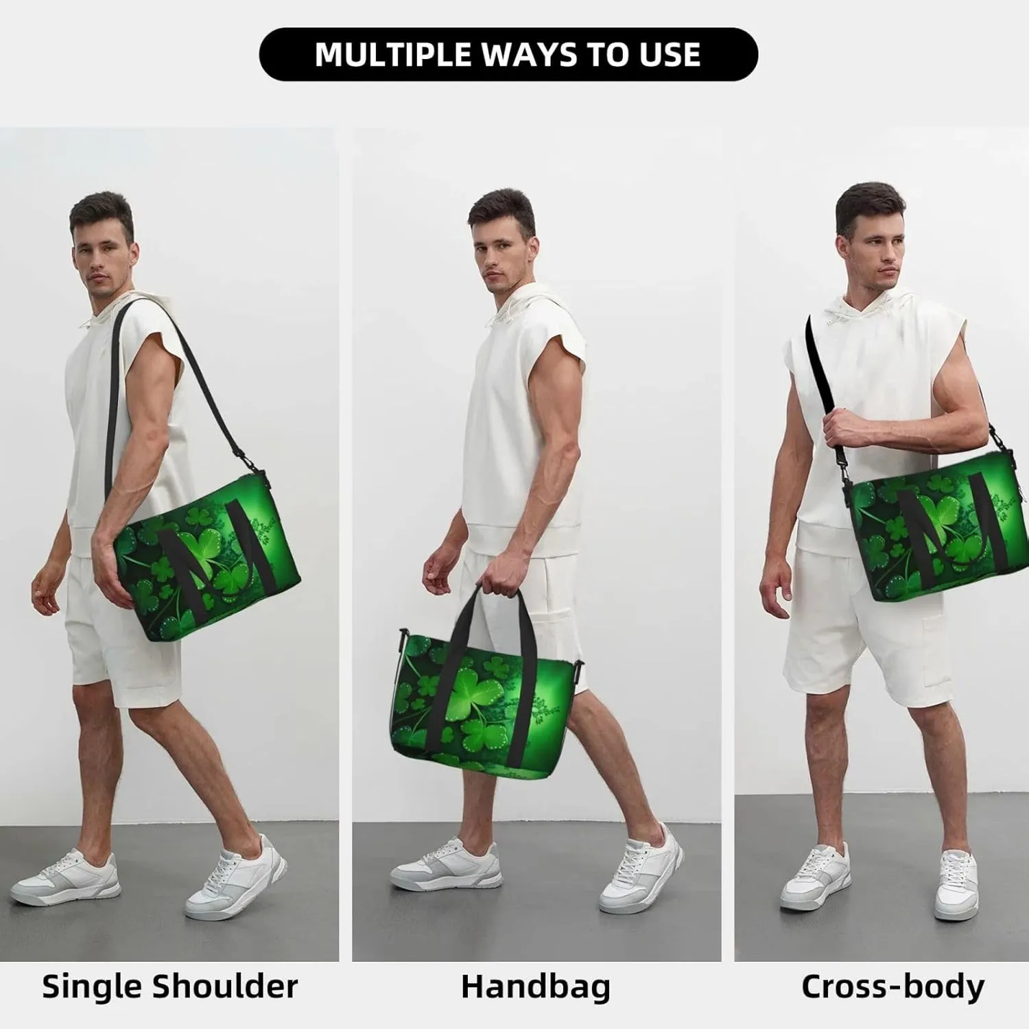 Saint Patricks Day Travel Duffel Bags for Women Men, Sports Training Gym Bag Dance Bag with Adjustable Shoulder Strap Green Clover Leaf Weekender Overnight Bag