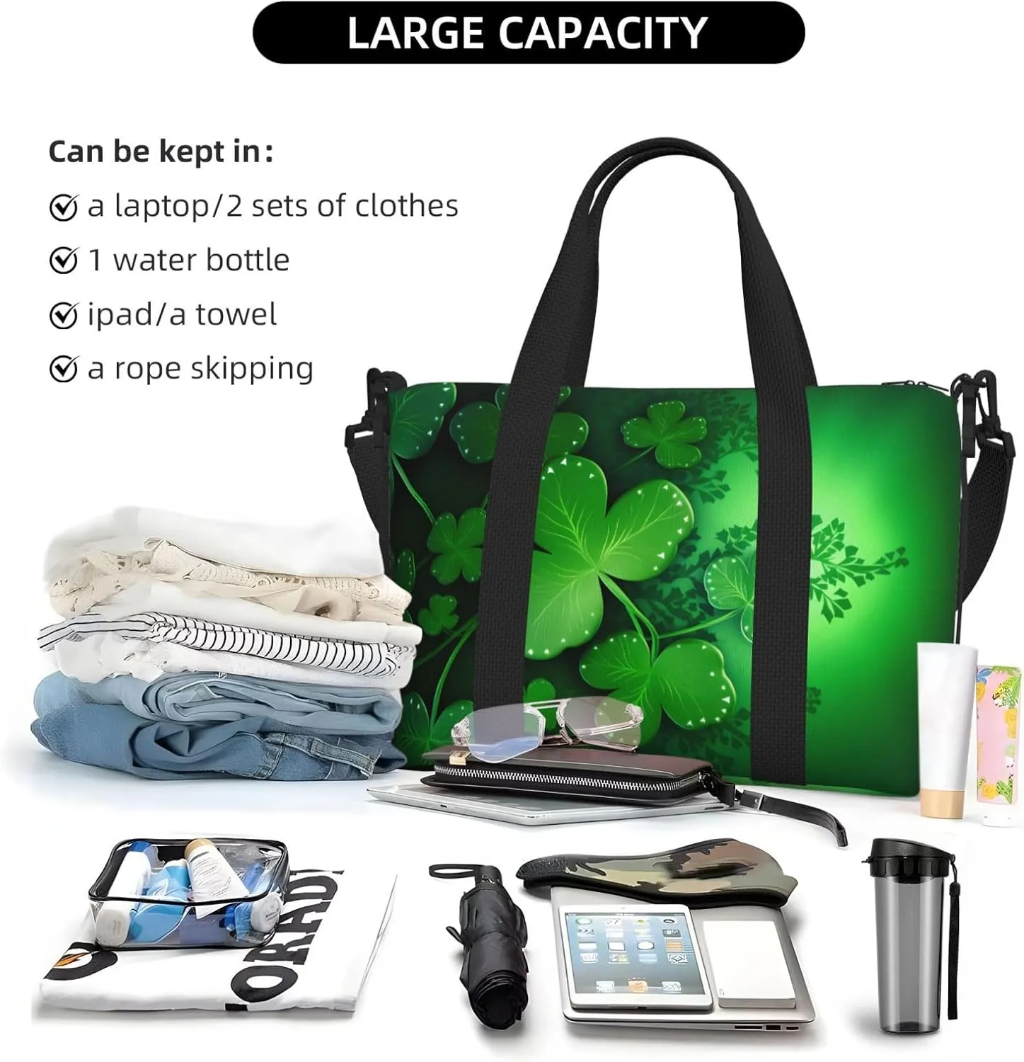 Saint Patricks Day Travel Duffel Bags for Women Men, Sports Training Gym Bag Dance Bag with Adjustable Shoulder Strap Green Clover Leaf Weekender Overnight Bag