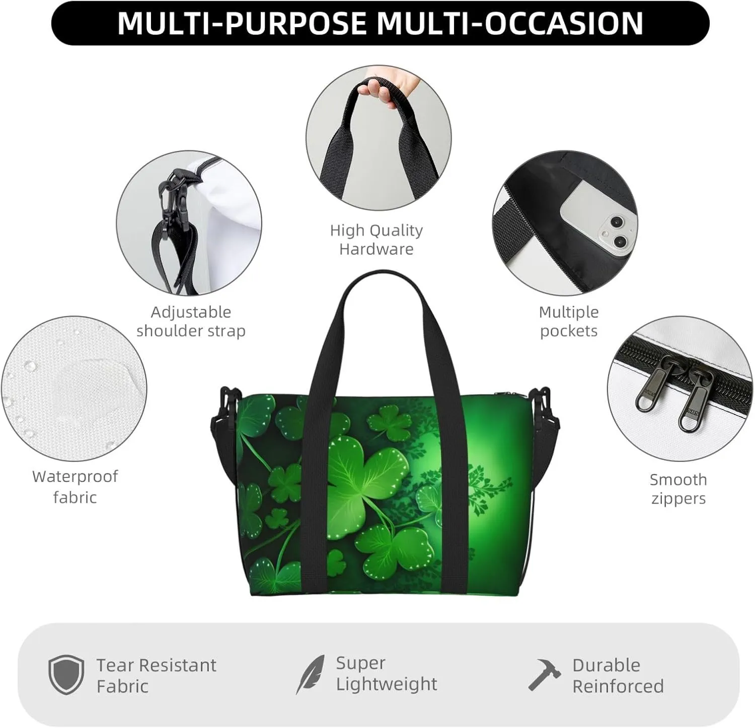 Saint Patricks Day Travel Duffel Bags for Women Men, Sports Training Gym Bag Dance Bag with Adjustable Shoulder Strap Green Clover Leaf Weekender Overnight Bag