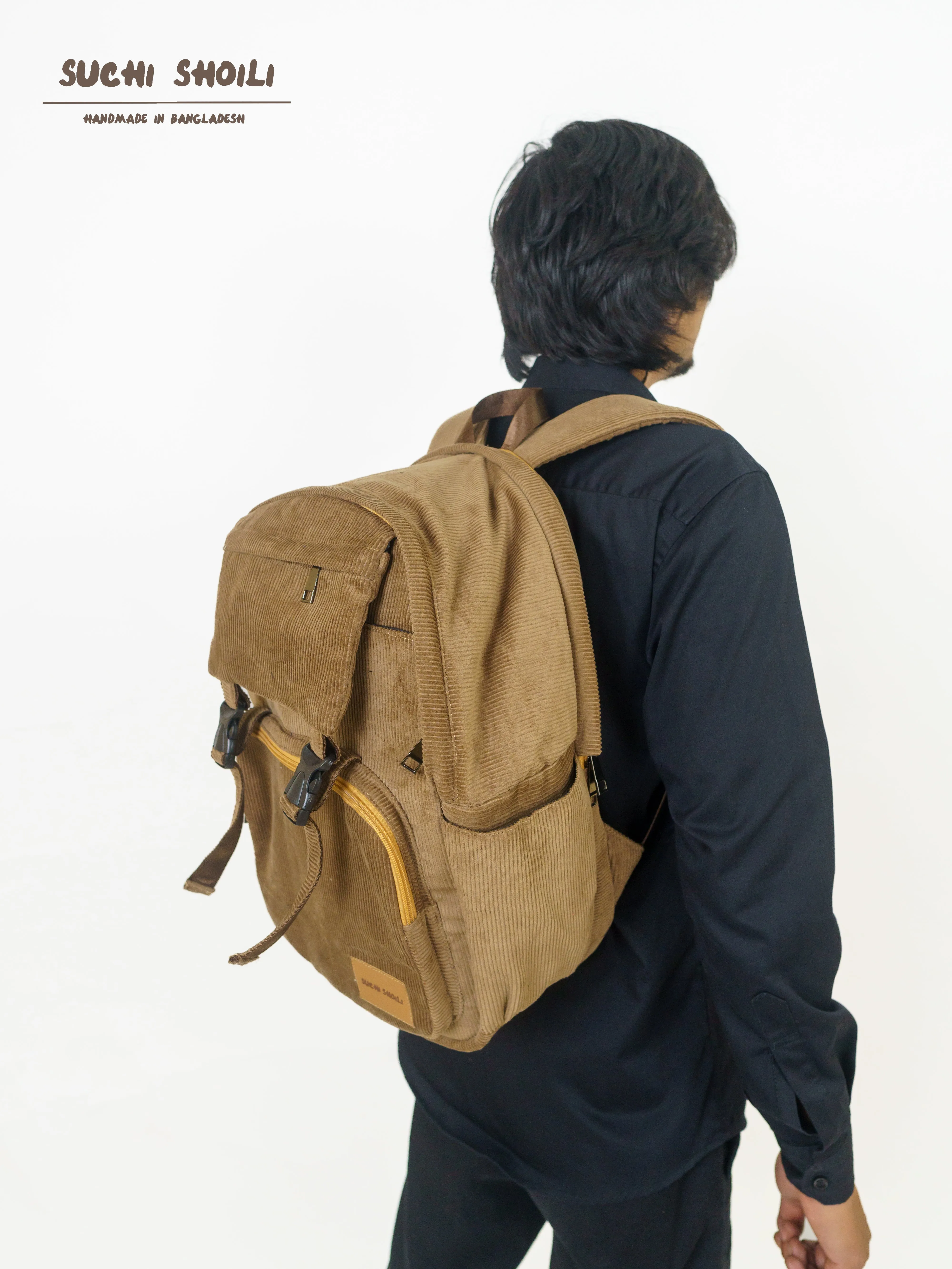 Sand Yellow Corduroy Fabric Metro Backpack