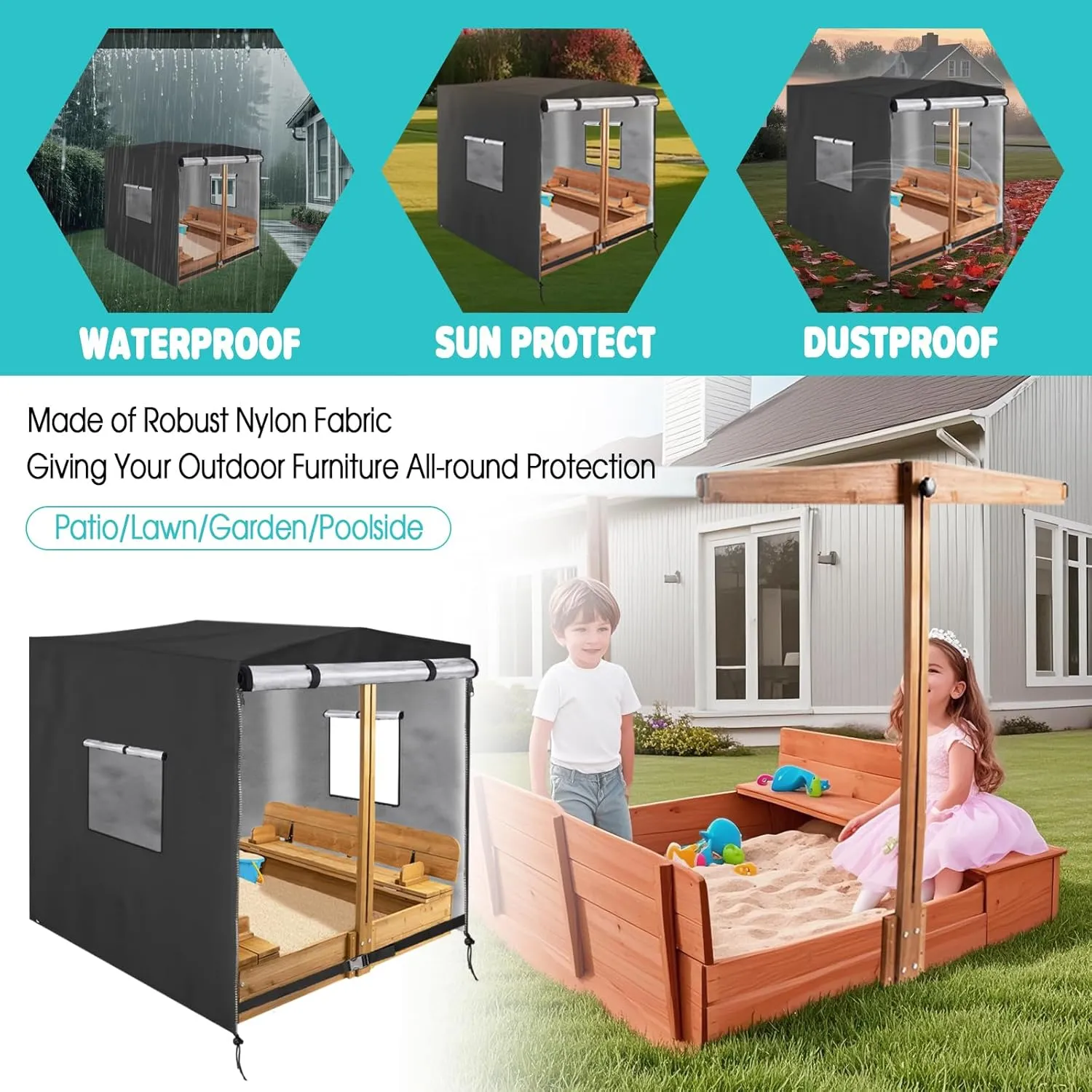 Sandbox Cover(48in),Waterproof Wooden Sand box Cover,420D Outdoor Covers for Wooden Sandbox with Lid and Foldable Bench (1 Piece,Black)