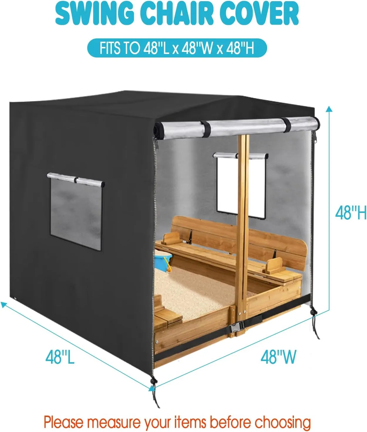 Sandbox Cover(48in),Waterproof Wooden Sand box Cover,420D Outdoor Covers for Wooden Sandbox with Lid and Foldable Bench (1 Piece,Black)