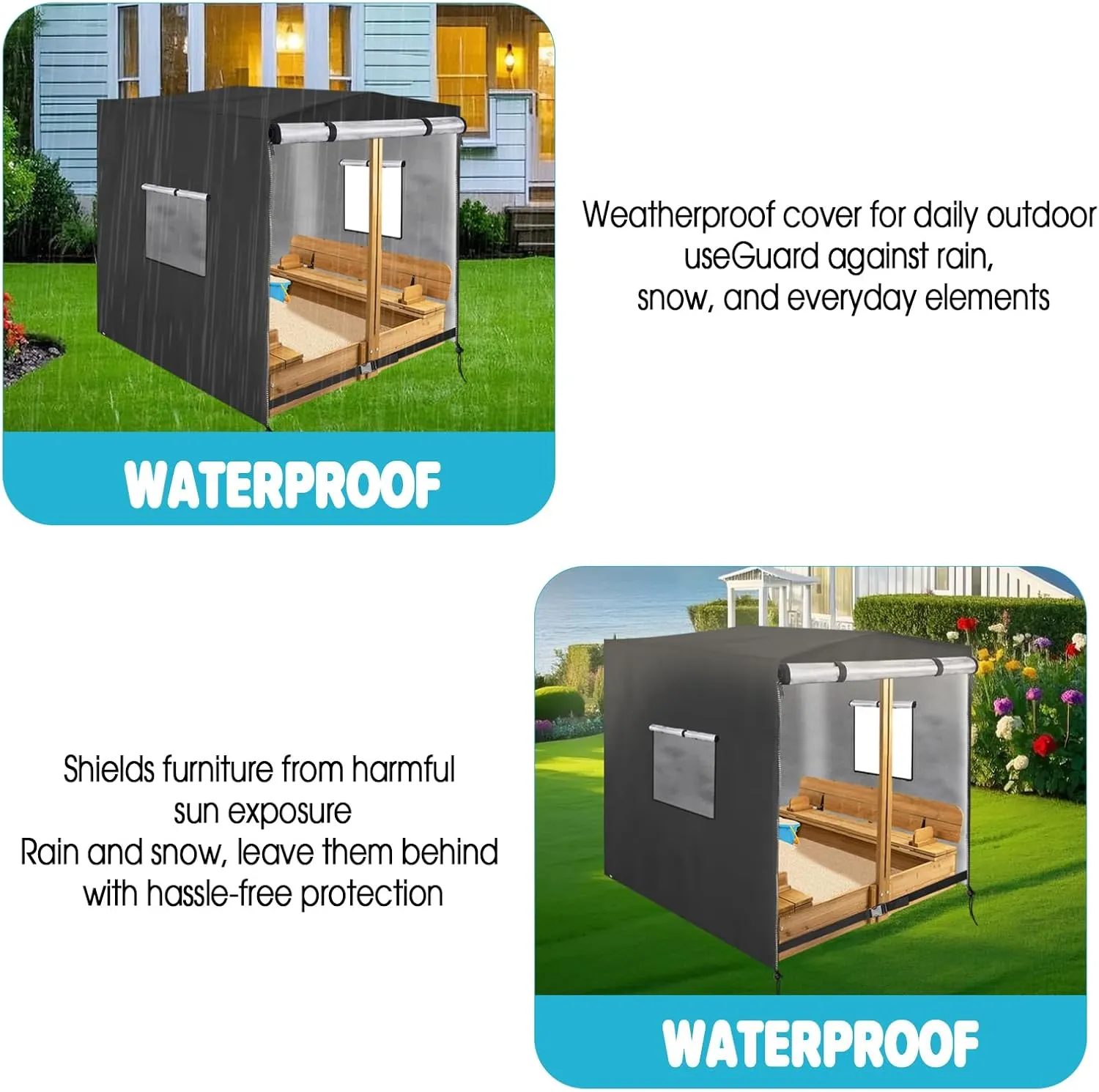 Sandbox Cover(48in),Waterproof Wooden Sand box Cover,420D Outdoor Covers for Wooden Sandbox with Lid and Foldable Bench (1 Piece,Black)
