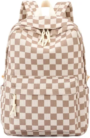 School Backpack for Girls Corduroy Bookbag 16inch Elementary Primary Preschool for Teen Boys Girl Travel Casual Daypacks (Checkered Brown)
