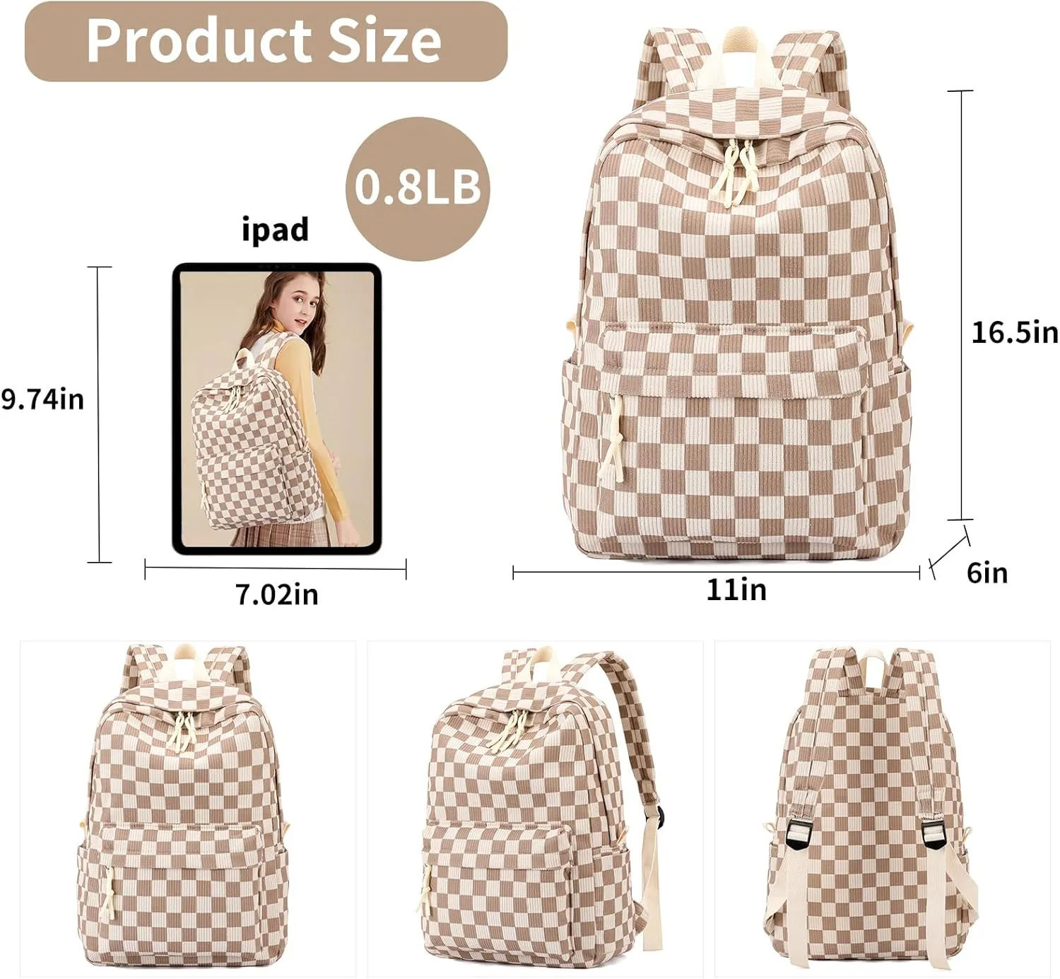 School Backpack for Girls Corduroy Bookbag 16inch Elementary Primary Preschool for Teen Boys Girl Travel Casual Daypacks (Checkered Brown)