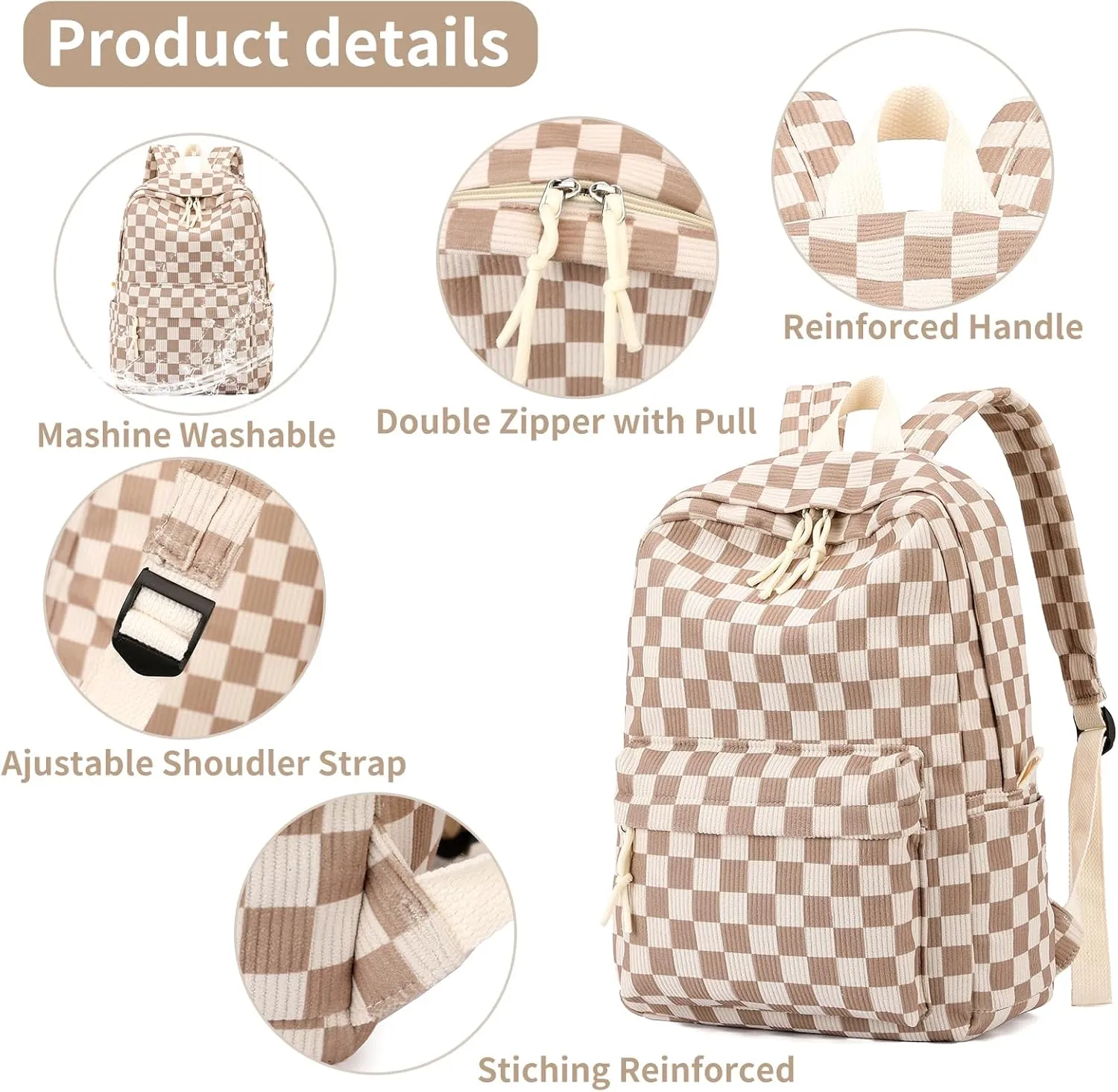 School Backpack for Girls Corduroy Bookbag 16inch Elementary Primary Preschool for Teen Boys Girl Travel Casual Daypacks (Checkered Brown)