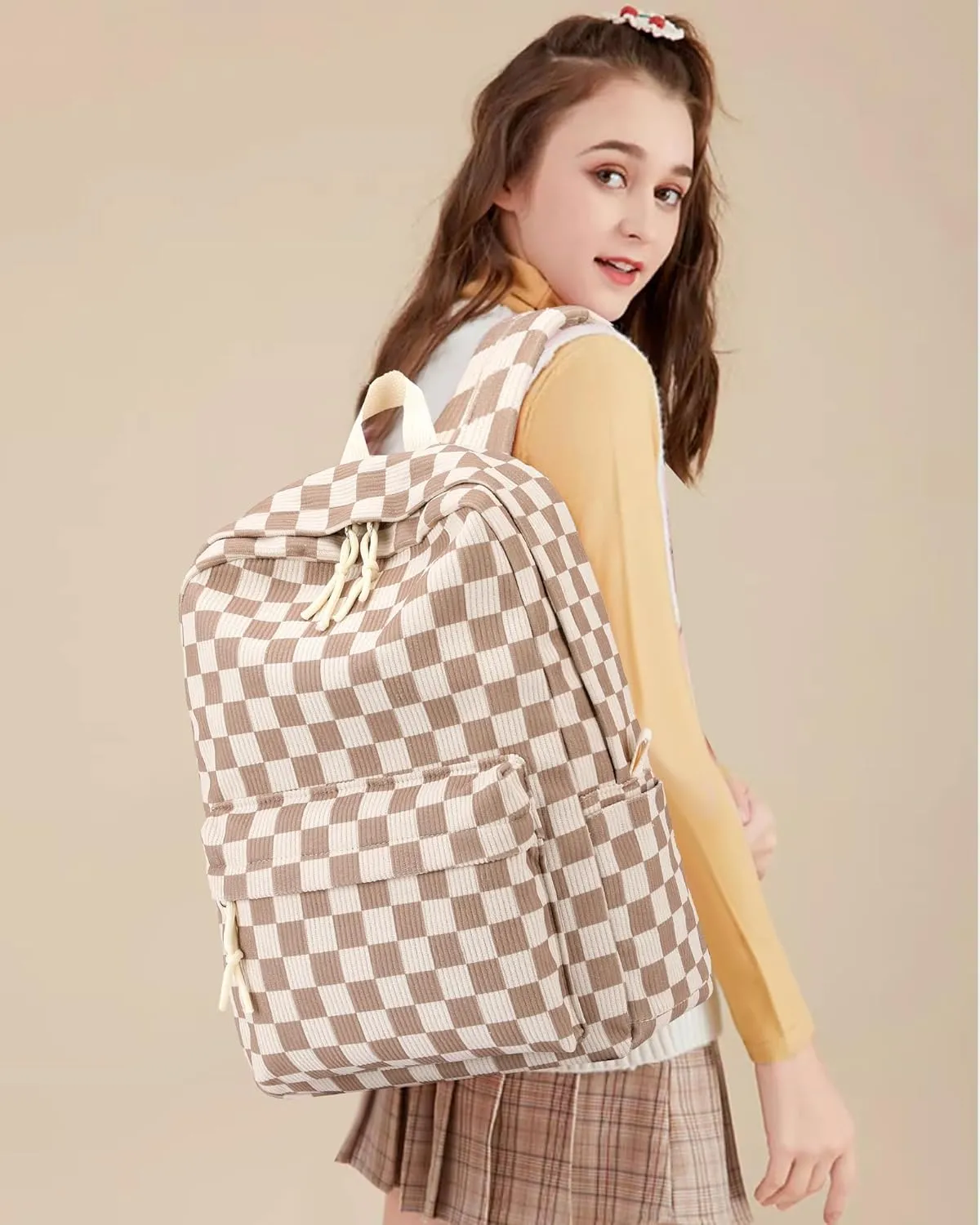 School Backpack for Girls Corduroy Bookbag 16inch Elementary Primary Preschool for Teen Boys Girl Travel Casual Daypacks (Checkered Brown)