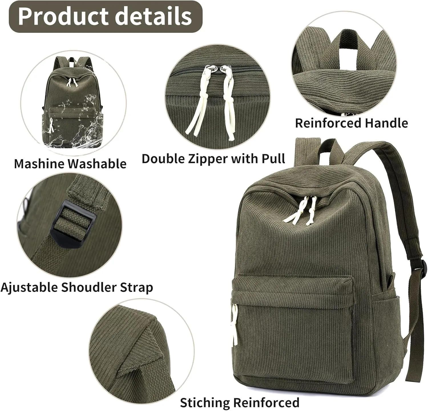 School Backpack for Girls Corduroy Bookbag 16inch Elementary Primary Preschool for Teen Boys Girl Travel Casual Daypacks (Green)