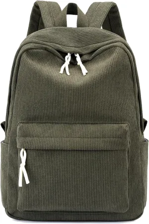 School Backpack for Girls Corduroy Bookbag 16inch Elementary Primary Preschool for Teen Boys Girl Travel Casual Daypacks (Green)