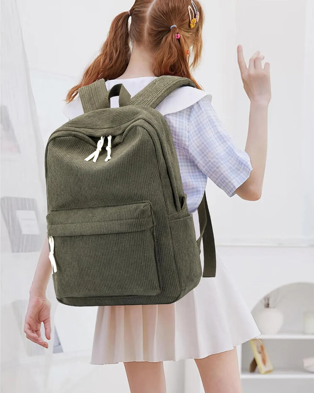 School Backpack for Girls Corduroy Bookbag 16inch Elementary Primary Preschool for Teen Boys Girl Travel Casual Daypacks (Green)
