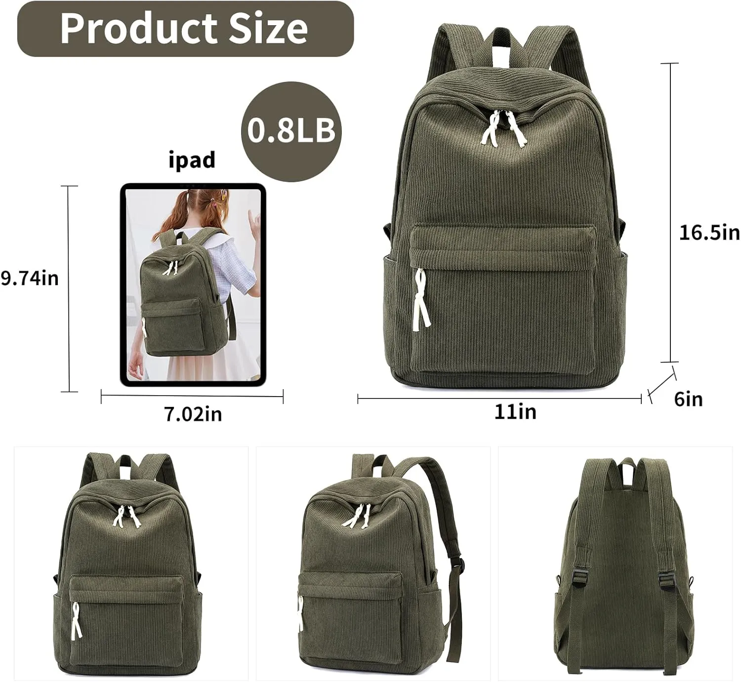 School Backpack for Girls Corduroy Bookbag 16inch Elementary Primary Preschool for Teen Boys Girl Travel Casual Daypacks (Green)