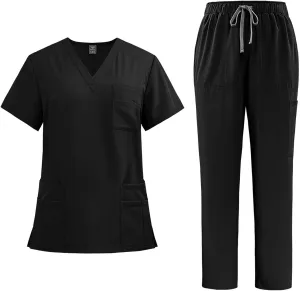 Scrub Sets for Woman Jogger Scrub Set Nursing Uniform Soft Stretch V-Neck Top & Drawstring Pants Loose Fit Workwear