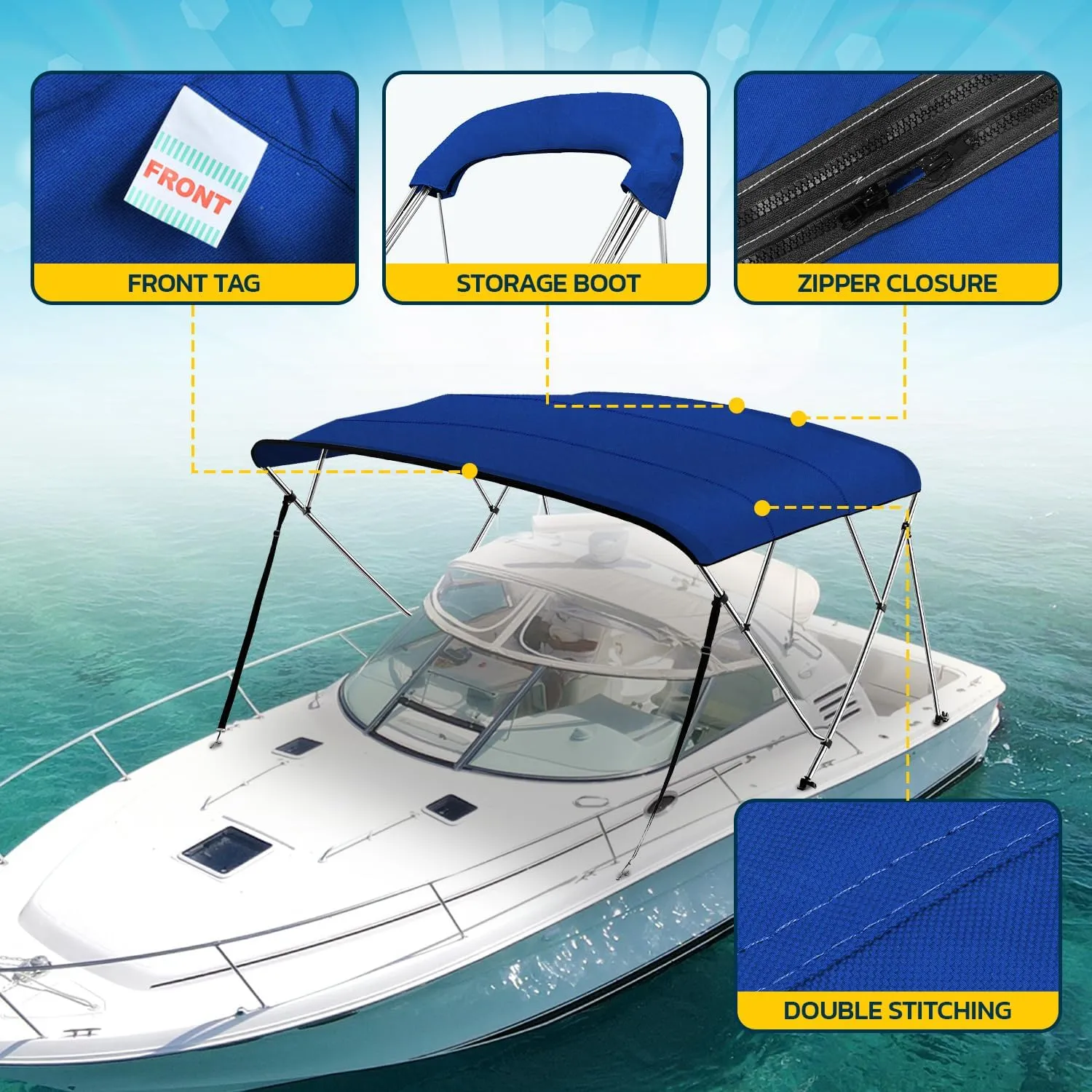 Seal Skin Covers 3 Bow / 4 Bow Bimini Top Replacement Cover, Marine Grade 600D Waterproof Canvas Boat Canopy Sun Shade Without Frame