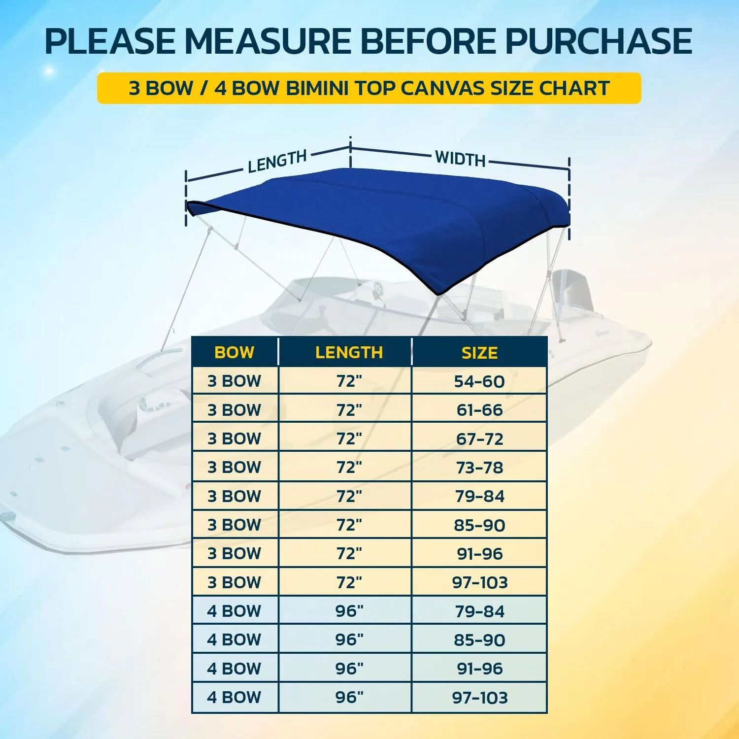 Seal Skin Covers 3 Bow / 4 Bow Bimini Top Replacement Cover, Marine Grade 600D Waterproof Canvas Boat Canopy Sun Shade Without Frame