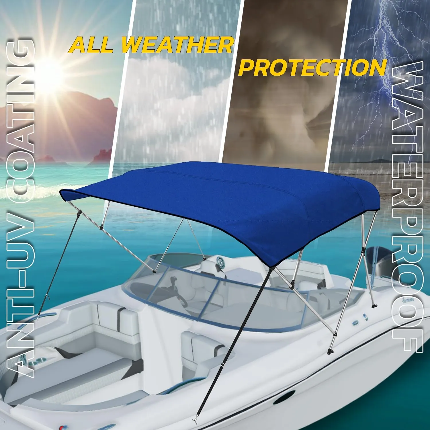 Seal Skin Covers 3 Bow / 4 Bow Bimini Top Replacement Cover, Marine Grade 600D Waterproof Canvas Boat Canopy Sun Shade Without Frame