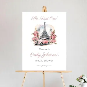 She Said Oui Bridal Shower Welcome Sign, Personalized Paris Bridal Shower Party Sign, Pink Floral Welcome Board, Eiffel Tower Bridal Shower Decor, Editable Bridal Shower Poster, Printable Wedding Poster