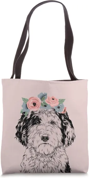 Sheepadoodle with Floral Headband Doodle Dog Mom Tote Bag