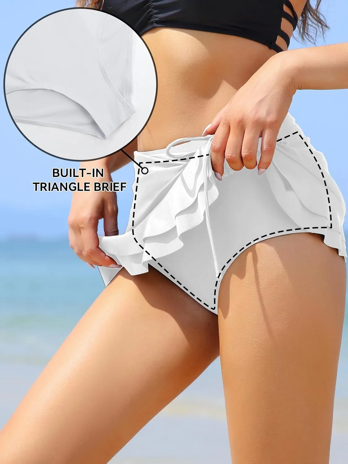 SHEKINI Women's High Waisted Swim Skirt Drawstring Ruched Bathing Suit Bottoms with Built-in Brief