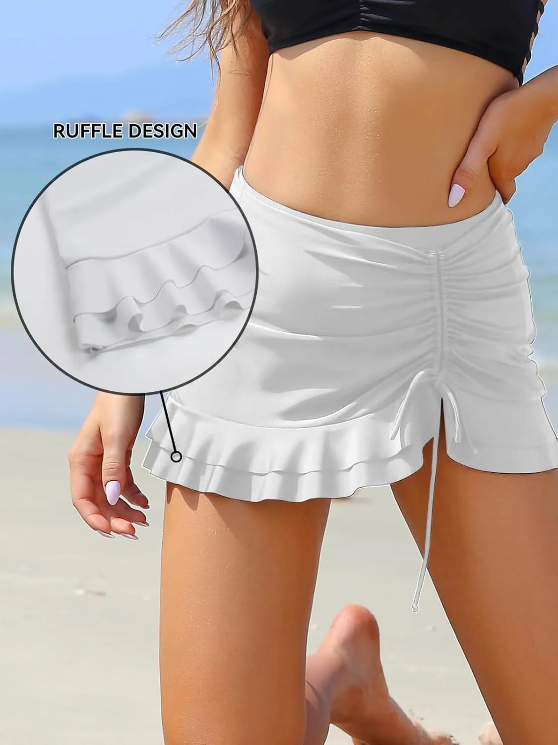 SHEKINI Women's High Waisted Swim Skirt Drawstring Ruched Bathing Suit Bottoms with Built-in Brief