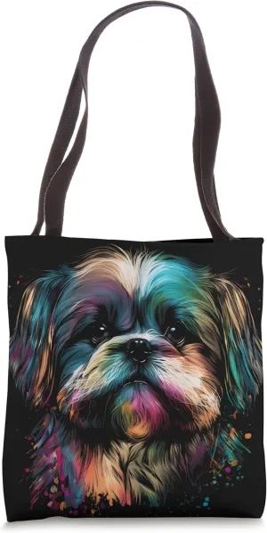 Shih Tzu Face Dog Art Funny Colorful Rainbow Color Black Tote Bag