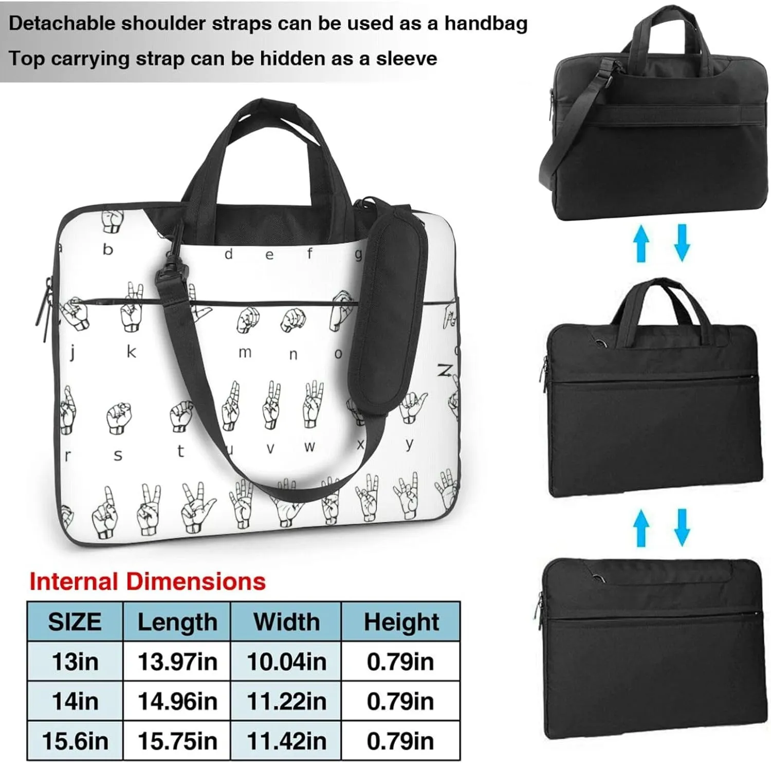 Sign Language Alphabet. Print Large Capacity Portable Crossbody Cute Laptop Bag For Women Men, 13 14 15.6 in